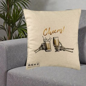 Perna Decorativa Halloween Cheers Schelete cu Bere, 40x40 cm, Bej, Husa Detasabila, Perna Inclusa, BEKZ®