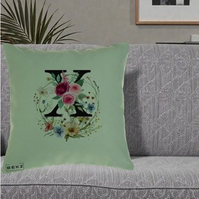 Cadou Personalizat - Perna Personalizata Monograma Florala Litera X cu Coroana, 40x40 cm, Verde, Husa Detasabila, Perna Inclusa, BEKZ®