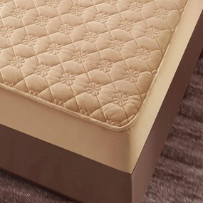 Husa de pat matlasata si 2 fete de perne din catifea, cu elastic, model tip topper, pentru saltea 140x200 cm, bej, HTC-35