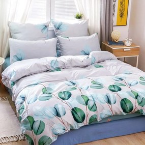 Lenjerie de pat cu 2 fete, policoton, 4 piese, pat 2 persoane, alb / verde, A50-640