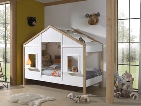 Pat Căsuță pentru Copii, 90x200 cm, Alb/Natural (Pin Masiv și MDF) – Babs – Vipack