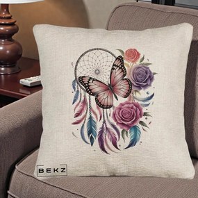 Perna Personalizata Prinzator de Vise cu Fluture si Trandafiri, 40x40 cm, Bej Canapea, Husa Detasabila, Perna Inclusa, BEKZ®