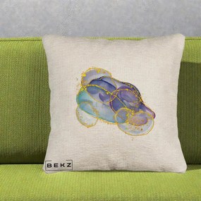 Perna Decorativa Abstract Acuarela Albastru-Mov cu Cercuri Aurii, 40x40 cm, Bej Canapea, Husa Detasabila, Perna Inclusa, BEKZ®