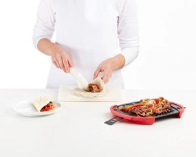 Grill pentru cuptorul cu microunde Lekue 1009082, 27x20,7,8x4,4 cm, Silicon platinat, Otel cu strat antiaderent, 0 / +240 °C, Rosu