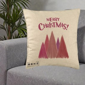 Perna Decorativa Merry Christmas Brazi Roz, 40x40 cm, Bej, Husa Detasabila, Perna Inclusa, BEKZ®