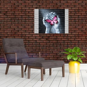 Tablou pe sticlă - Fluture roz în perete (70x50 cm)