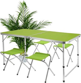Set mobilier de camping pliabil, Jumi, verde, masă cu picioare reglabile și 4 tabureți