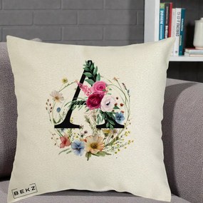 Cadou Personalizat - Perna Personalizata Monogram Litera A cu Flori Acuarela, 40x40 cm, Ecru, Husa Detasabila, Perna Inclusa, BEKZ®