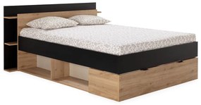 Pat matrimonial negru/în culoare naturală cu aspect de lemn de stejar cu spațiu de depozitare fără somieră 160x200 cm Albo – Marckeric