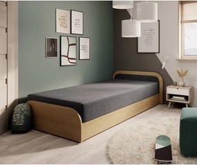 Pat galben ocru/gri închis tapițat/din placă aglomerată de lemn cu spațiu de depozitare cu saltea 80x190 cm Parys – ELTAP