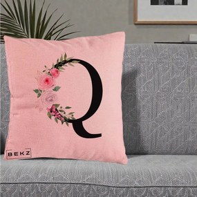 Cadou Personalizat - Perna Personalizata Monograma Florala Litera Q, 40x40 cm, Roz, Husa Detasabila, Perna Inclusa, BEKZ®