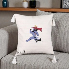 Perna Personalizata Fullmetal Alchemist Edward si Alphonse, 40x40 cm, Bej cu Franjuri, Husa Detasabila, Perna Inclusa, BEKZ®