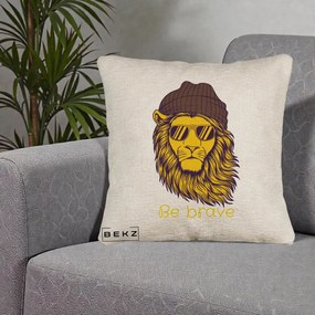 Perna Decorativa Leu Hipster Be Brave, 40x40 cm, Bej Canapea, Husa Detasabila, Perna Inclusa, BEKZ®