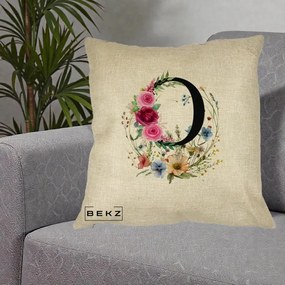Cadou Personalizat - Perna Personalizata Monogram Litera O cu Flori Acuarela, 40x40 cm, Crem, Husa Detasabila, Perna Inclusa, BEKZ®