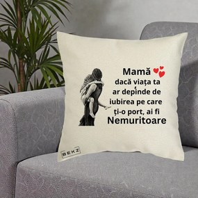 Cadou pentru Mama - Perna Personalizata Mama Nemuritoare Gravura Vintage, 40x40 cm, Ecru, Husa Detasabila, Perna Inclusa, BEKZ®