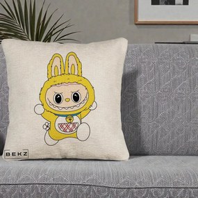Perna Personalizata Labubu Galben Doraemon, 40x40 cm, Bej Canapea, Husa Detasabila, Perna Inclusa, BEKZ®