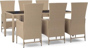 vidaXL Set de masă pentru grădină, 7 piese, cu perne, bej, poliratan