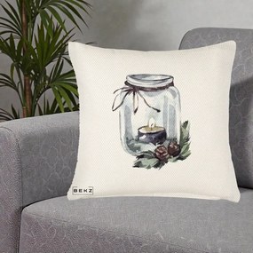 Perna Decorativa Felinar cu Lumanare si Conuri, 40x40 cm, Crem Reliefat, Husa Detasabila, Perna Inclusa, BEKZ®