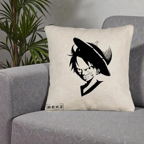 Perna Personalizata One Piece Luffy Silueta Alb-Negru, 40x40 cm, Bej Canapea, Husa Detasabila, Perna Inclusa, BEKZ®