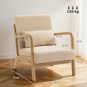 HOMCOM Fotoliu lounge - 3 perne incluse - șezut adânc - cotiere - structură lemn hévéa - aspect catifea bej | Aosom Romania