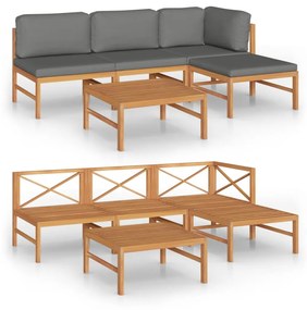 Set mobilier gradina cu perne gri, 5 piese, lemn masiv de tec Gri, colt + 2x mijloc + suport pentru picioare + masa, 1