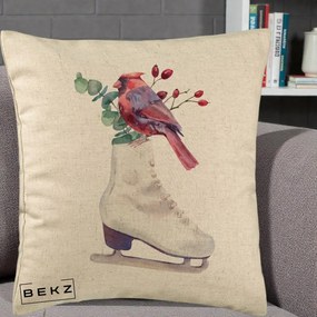 Perna Decorativa Cardinal Rosu pe Patina de Gheata, 40x40 cm, Bej, Husa Detasabila, Perna Inclusa, BEKZ®