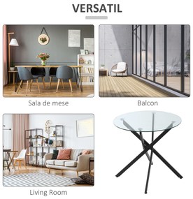 HOMCOM Masa Rotunda din Sticla si Picioare Incrucisate din Metal, Masuta Moderna pentru Sufragerie si Birou, 80x80x75cm, Negru