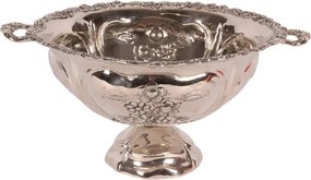 Bol de servire oval din alamă lucrată manual, argintiu, pe picior, cu două mânere și struguri în relief, fructieră și centru de masă, 19,5 x 41 x 33