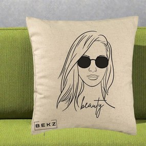 Perna Decorativa Beauty Girl Line Art, 40x40 cm, Bej, Husa Detasabila, Perna Inclusa, BEKZ®
