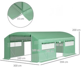 Outsunny Seră Tunel cu 3 Uși Rulante, 6 Ferestre, Țăruși și Frânghii, Seră de Grădină din Oțel Galvanizat, 6x3x2 m, Verde | Aosom Romania