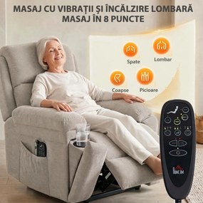 HOMCOM Fotoliu recliner electric cu ridicare, încălzire și masaj în 8 puncte, din chenille, 2 telecomenzi, bej | Aosom Romania