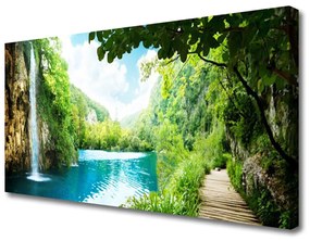 Tablou pe panza canvas Cascada Lacul Copaci Natura Alb Albastru Maro Verde