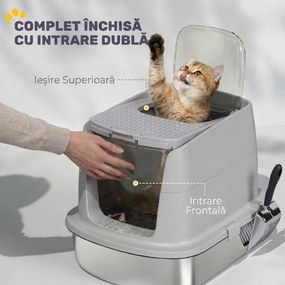 PawHut Litieră Închisă pentru Pisici din Oțel Inoxidabil, cu Capac Rabatabil, Acces Dublu și Paletă, Gri Deschis | Aosom Romania