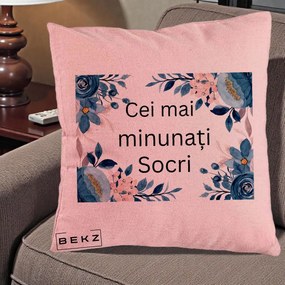 Cadou pentru Socri - Perna Personalizata Cei mai Minunati Socri cu Flori Albastre si Roz, 40x40 cm, Roz, Husa Detasabila, Perna Inclusa, BEKZ®
