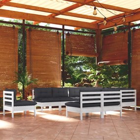 vidaXL Set mobilier grădină cu perne, 10 piese, alb, lemn masiv pin