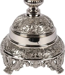 Suport lumânare din alamă lucrată manual și sticlă, argintiu, cu picior înalt, cilindru transparent și două mânere sculptate, 59,5 x 20 cm, „Assiya”