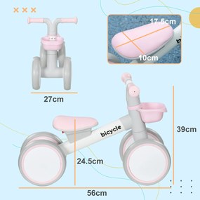 AIYAPLAY Bicicletă de echilibru pentru copii 4 roți șa reglabilă, ghidon ergonomic aliaj aluminiu PP, copii 1-3 ani - Gri Alb Roz | Aosom Romania