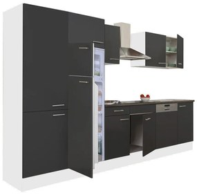 Mobilă de bucătărie Yorki 340 cu corp alb, față antracit satinat, dulap cu rafturi și frigider cu congelator superior
