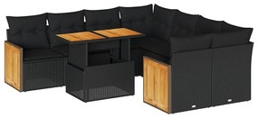 3327688 vidaXL Set mobilier grădină perne 9 piese negru poliratan/lemn acacia