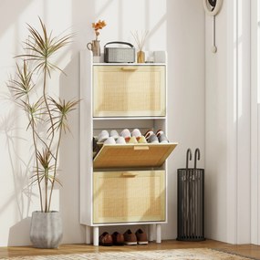 HOMCOM Dulap pentru pantofi 3 uși rabatabile etajeră efect rășină împletită design boem 65 x 24,5 x 153 cm alb | Aosom Romania