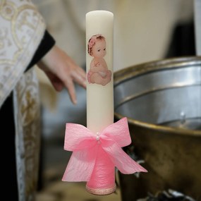 Lumanare botez decorata Bebelina roz 4,5 cm, 30 cm