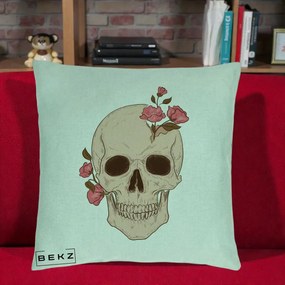 Perna Decorativa Craniu Floral Gothic, 40x40 cm, Verde Menta, Husa Detasabila, Perna Inclusa, BEKZ®
