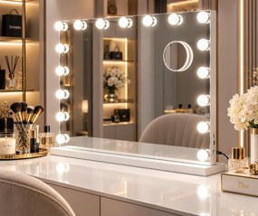 Oglindă cosmetică, sistem iluminare LED cu 3 culori, Luminozitate reglabilă, Senzor Tactil, Port încărcare USB+Type C, Oglindă de mărire 10X, Alb