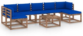 Set mobilier de gradina cu perne albastre, 8 piese Albastru, 2x colt + 4x mijloc + suport pentru picioare + masa, 1