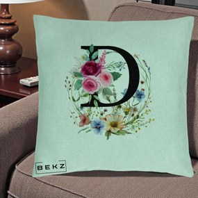 Cadou Personalizat - Perna Personalizata Monogram Litera D cu Flori Acuarela, 40x40 cm, Verde Menta, Husa Detasabila, Perna Inclusa, BEKZ®