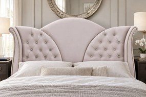 Pat tapițat Chesterfield din catifea Velora Cristal 160×200 cm, crem, cu ladă de depozitare