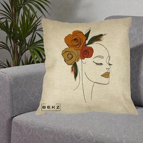 Perna Decorativa Portret Feminin Trandafiri Ruginii, 40x40 cm, Crem, Husa Detasabila, Perna Inclusa, BEKZ®