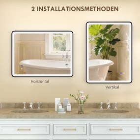 HOMCOM Oglindă baie LED Anti-aburire Oglindă machiaj dimabilă cu iluminare 80 x 60 cm Ramă neagră | Aosom Romania