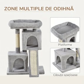 PawHut Ansamblu pentru pisici cu stalpi din sisal, pat si 2 case cu tapiterie de plus, 59x39x83cm, gri | Aosom Romania