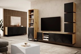 Comodă TV suspendată Asha 200 cm, partea frontală riflat și nișă – stejar artisan / negru mat
